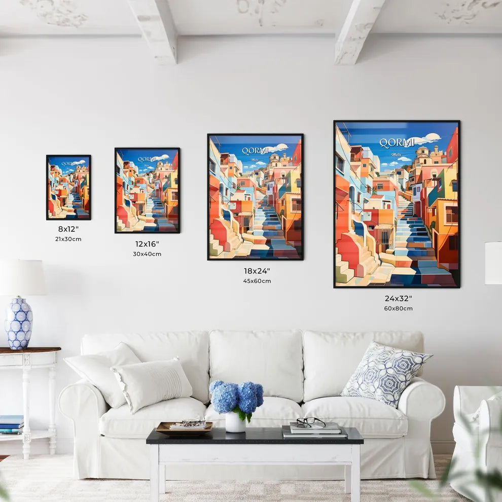 Qormi, Malta - Art print of a painting of a colorful city Size Chart
