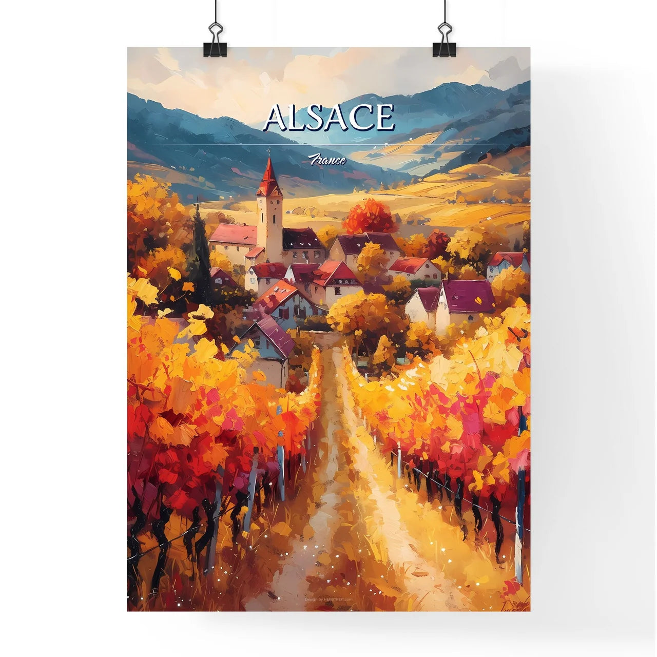 Alsace, France - Art print of a painting of a village in a vineyard Poster