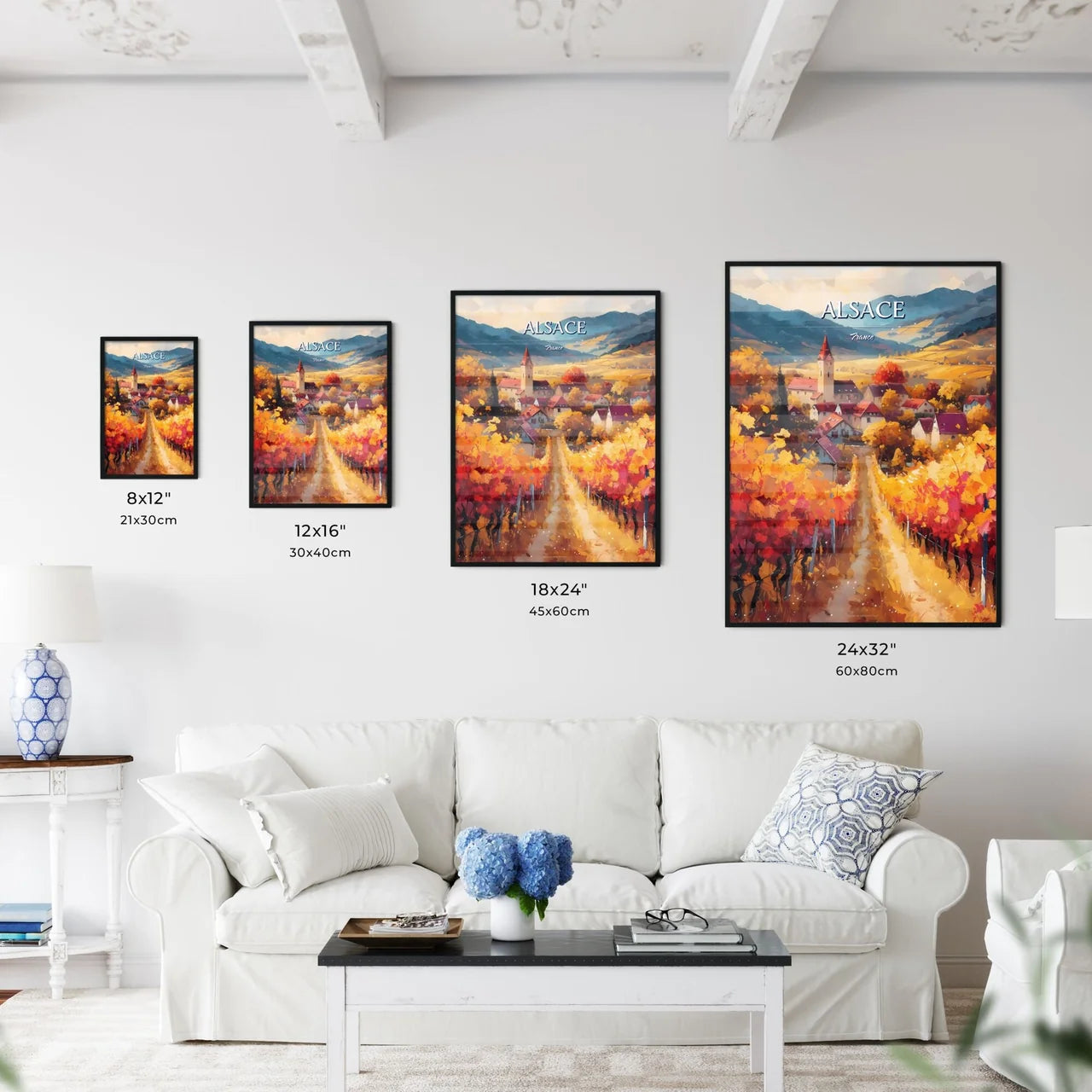 Alsace, France - Art print of a painting of a village in a vineyard Size Chart