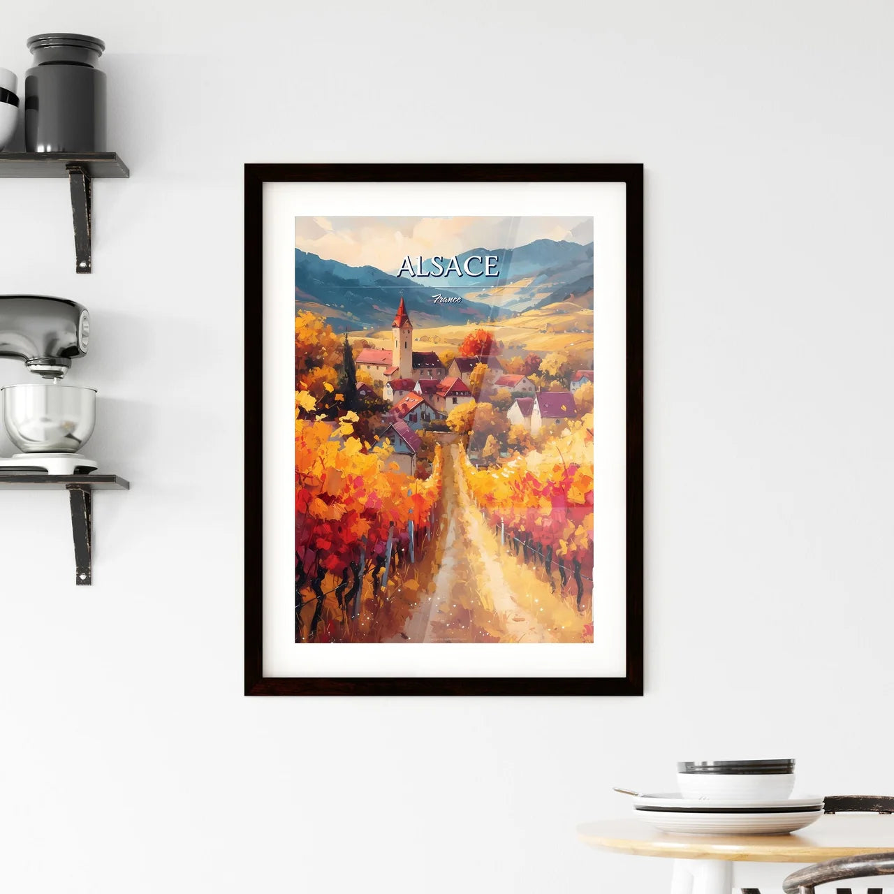 Alsace, France - Art print of a painting of a village in a vineyard Custom Print