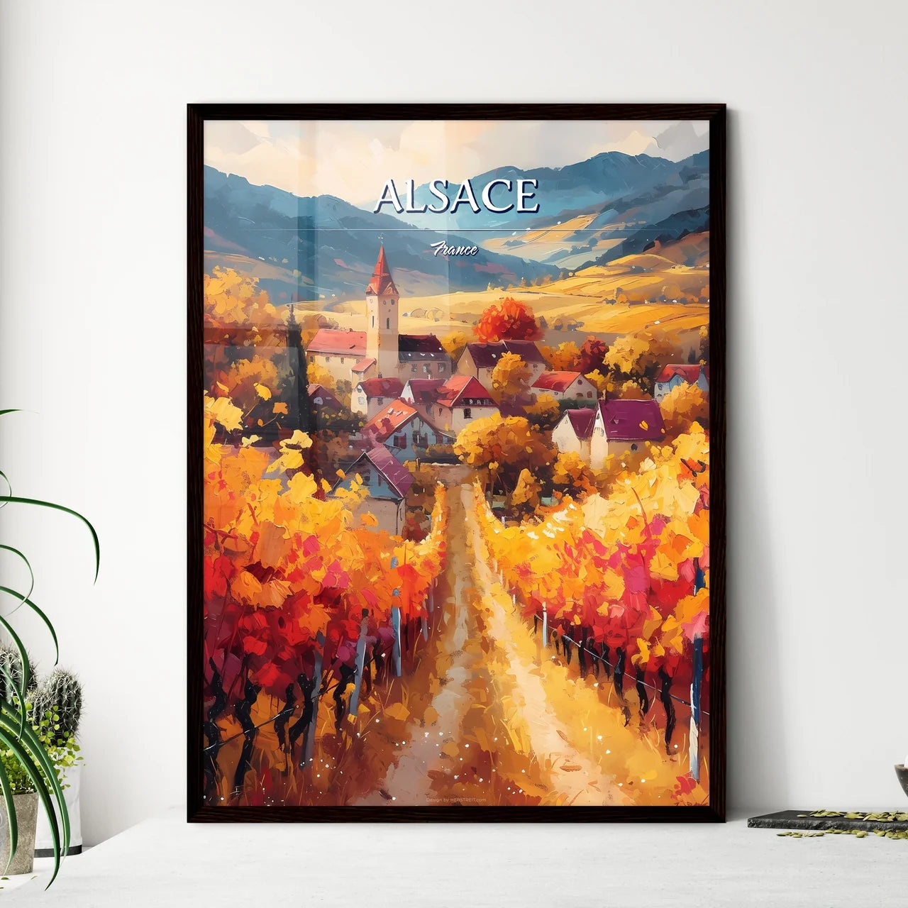 Alsace, France - Art print of a painting of a village in a vineyard Framed Art