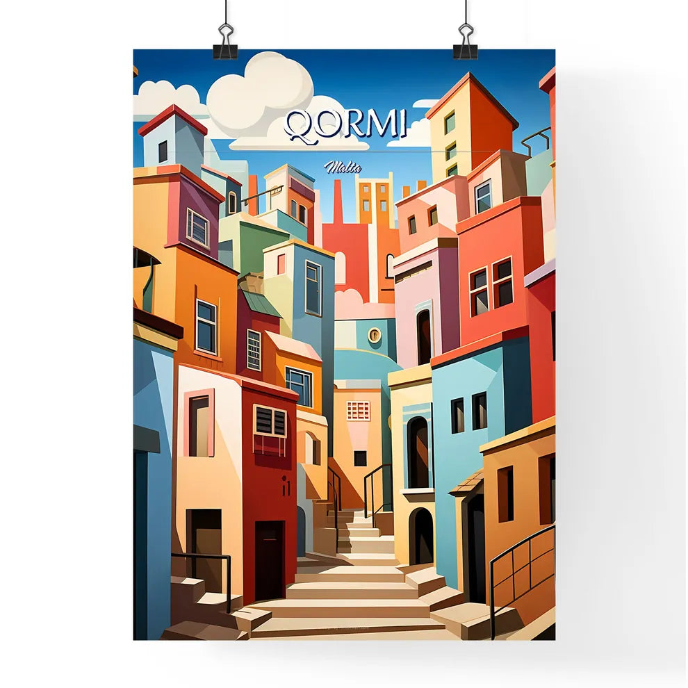 Qormi, Malta - Art print of a colorful city with stairs and stairs Poster