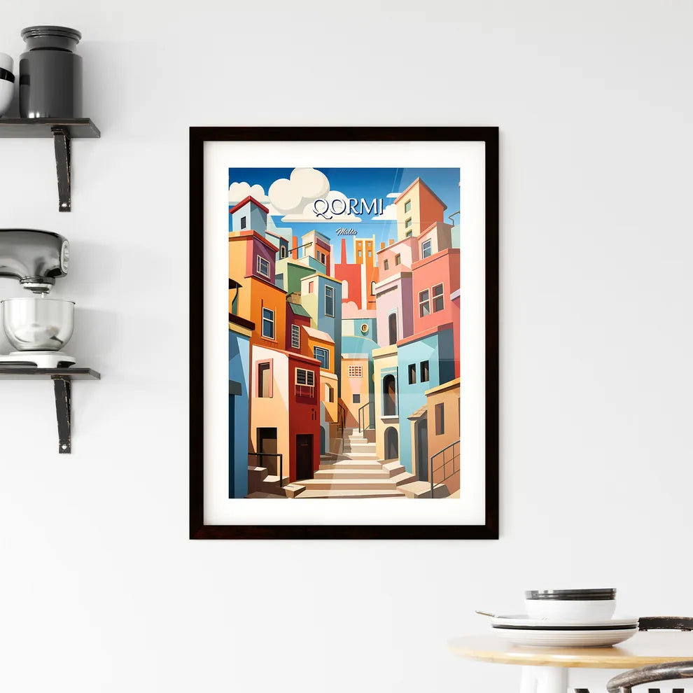 Qormi, Malta - Art print of a colorful city with stairs and stairs Custom Print