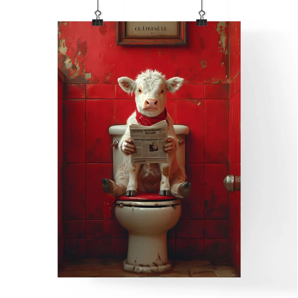 A cow sitting on a tiny toilet  Poster