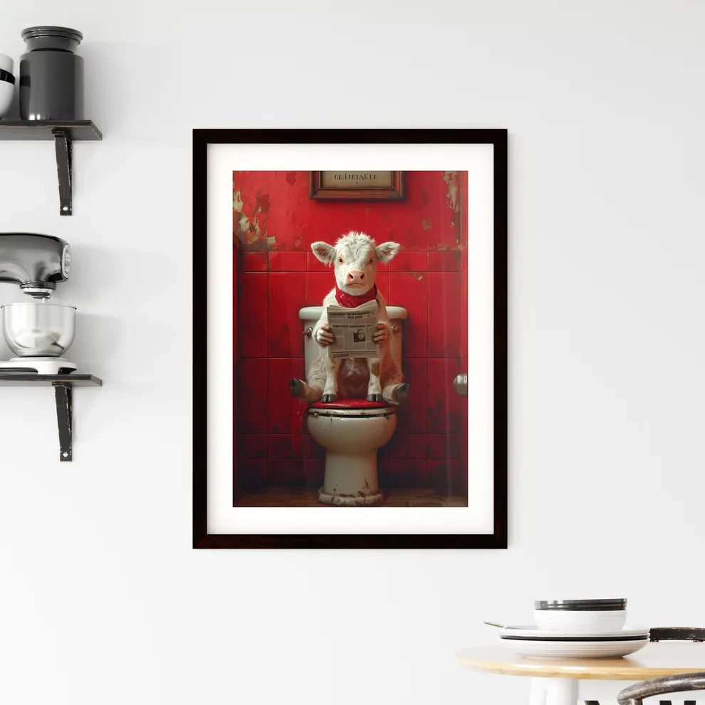 A cow sitting on a tiny toilet  Framed Print