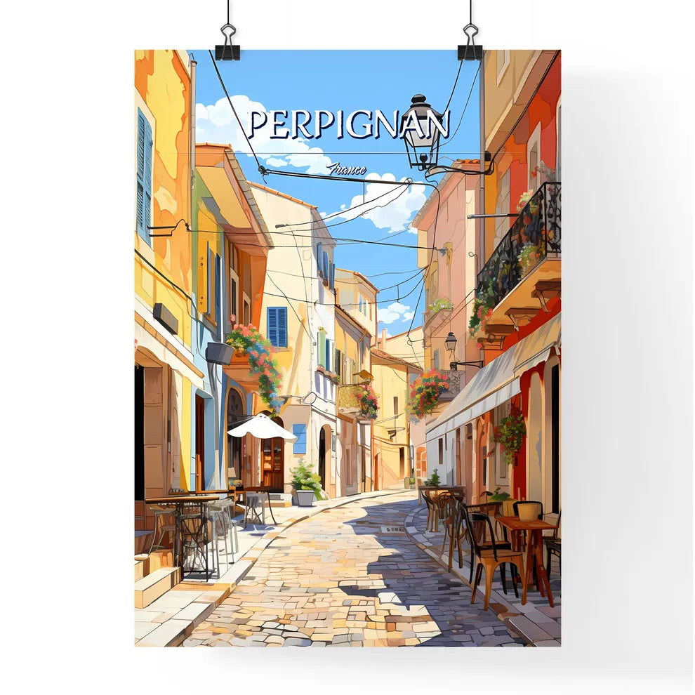 Perpignan, France - Art print of a street with tables and chairs in a small town Poster