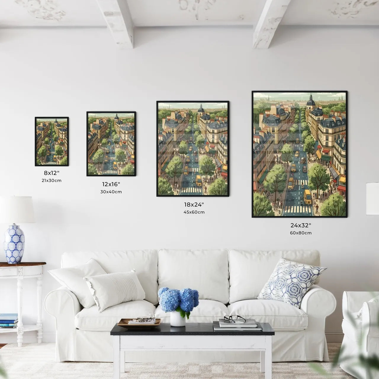 Poster of Paris - Art print of a city street with many buildings and trees Size Chart