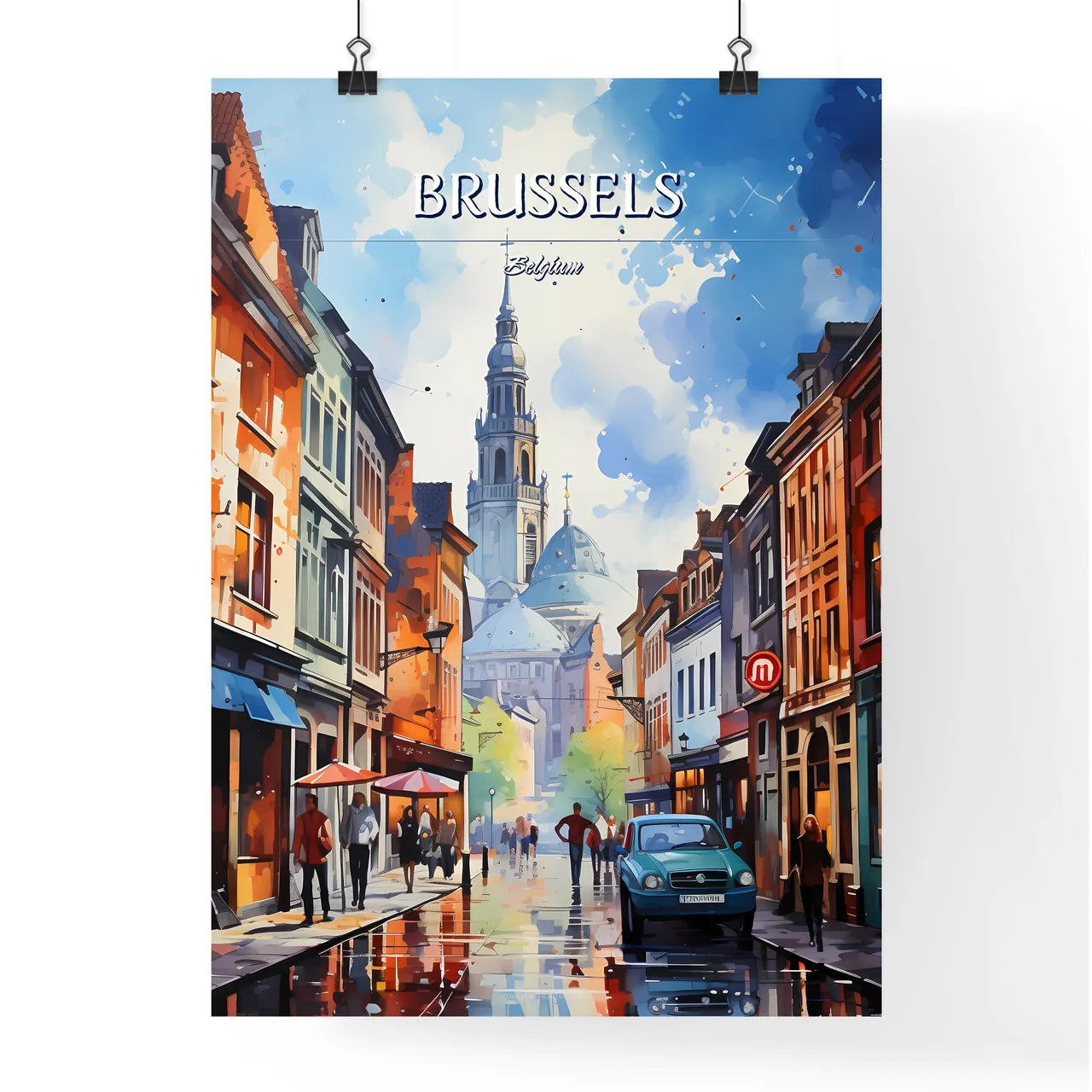 Brussels - Art print of a street with buildings and people walking on it Poster