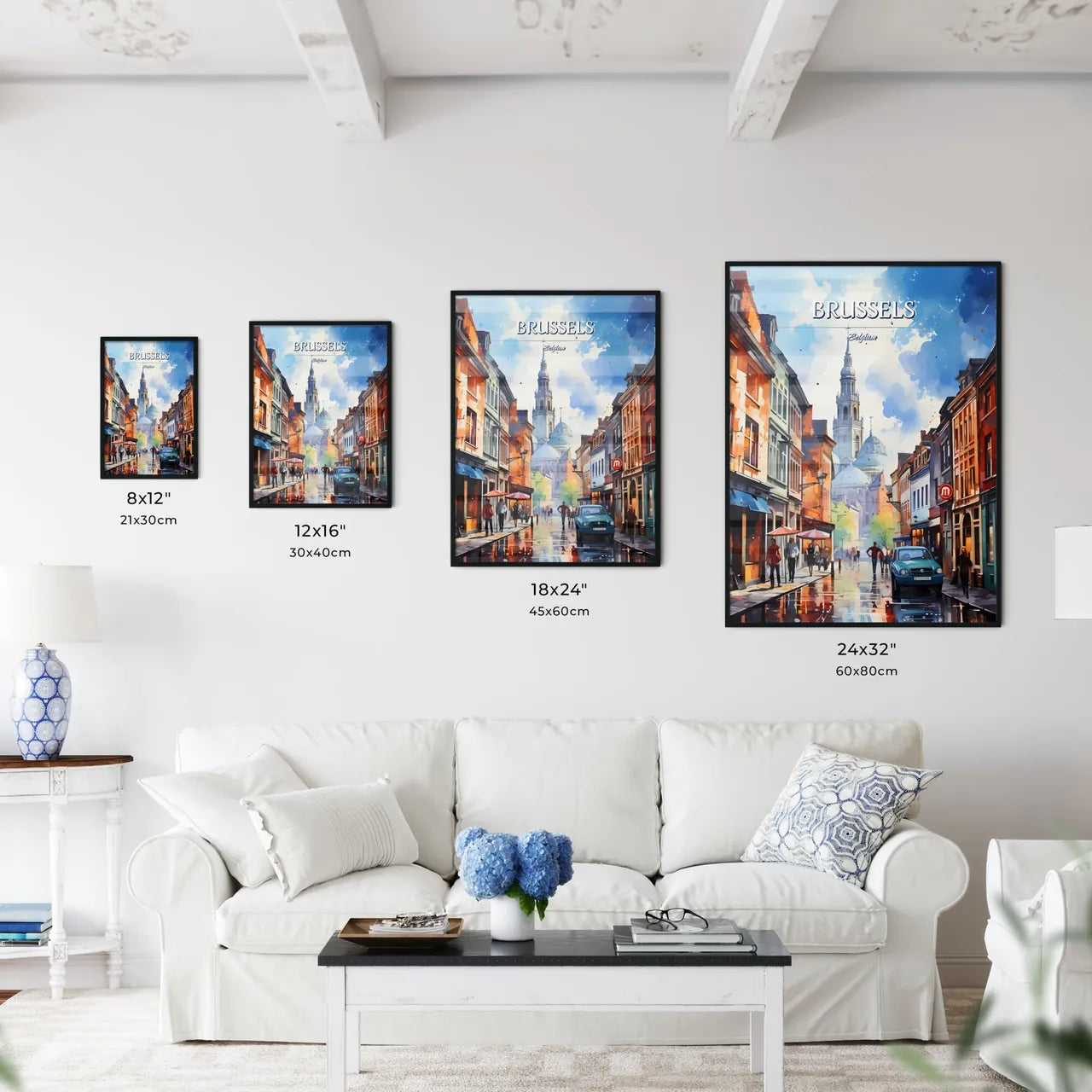 Brussels - Art print of a street with buildings and people walking on it Size Chart