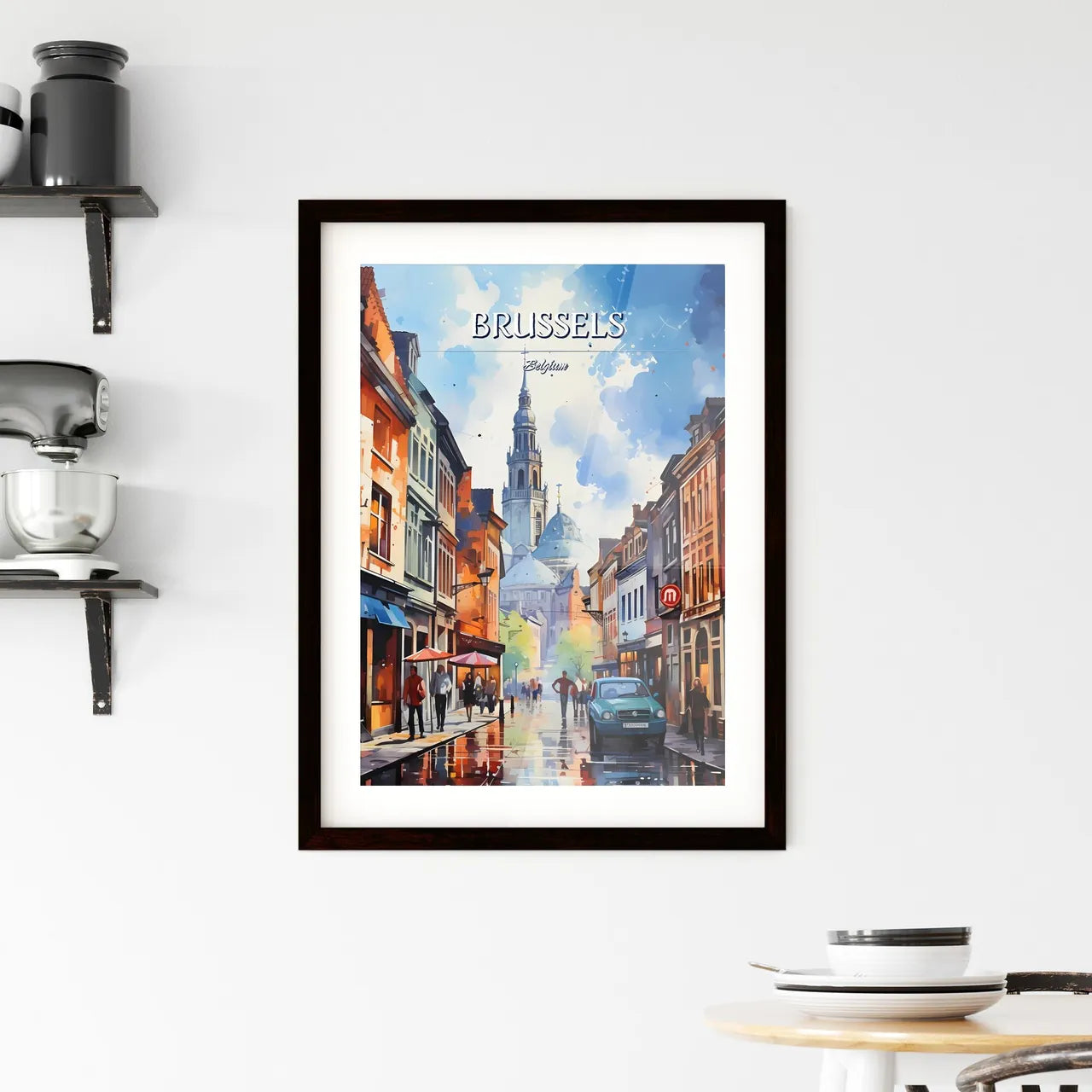 Brussels - Art print of a street with buildings and people walking on it Custom Print