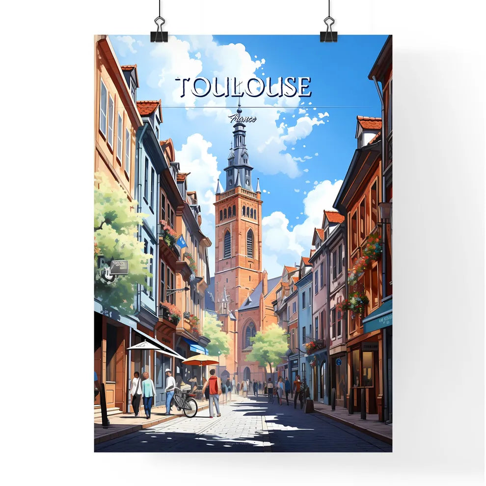 Toulouse, France - Art print of a street with buildings and people walking and a tower Poster
