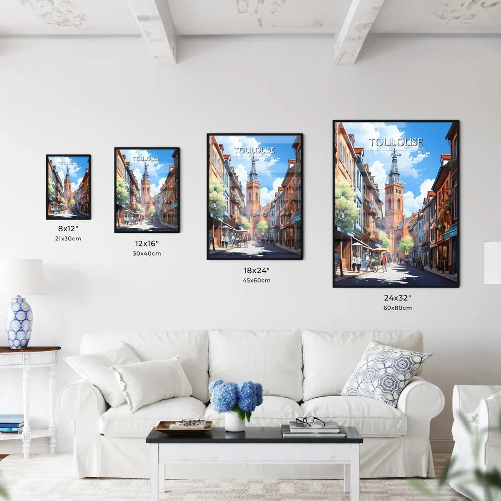 Toulouse, France - Art print of a street with buildings and people walking and a tower Size Chart