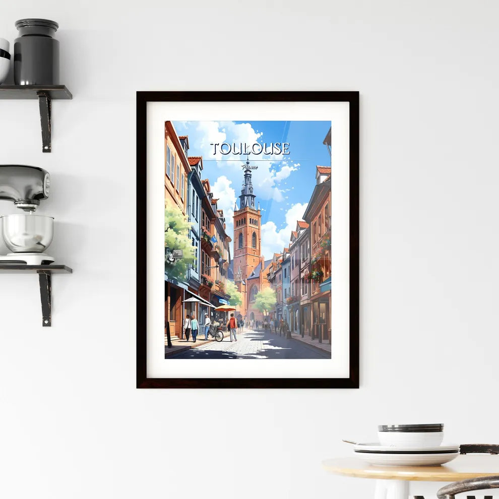 Toulouse, France - Art print of a street with buildings and people walking and a tower Custom Print