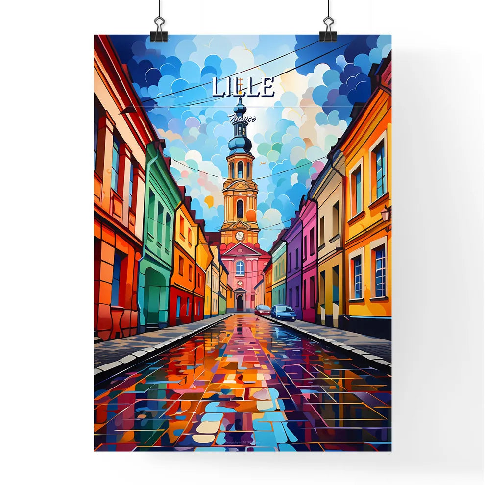 Lille, France - Art print of a colorful street with a church tower Poster