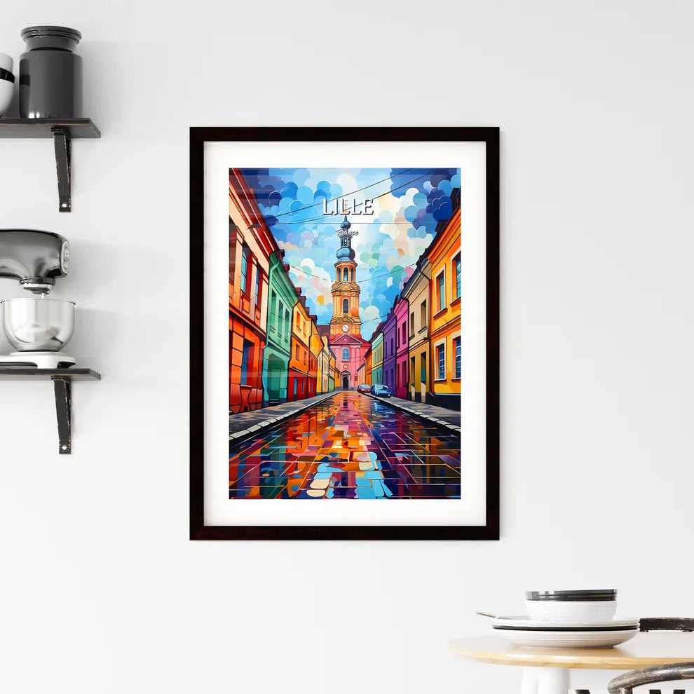 Lille, France - Art print of a colorful street with a church tower Custom Print
