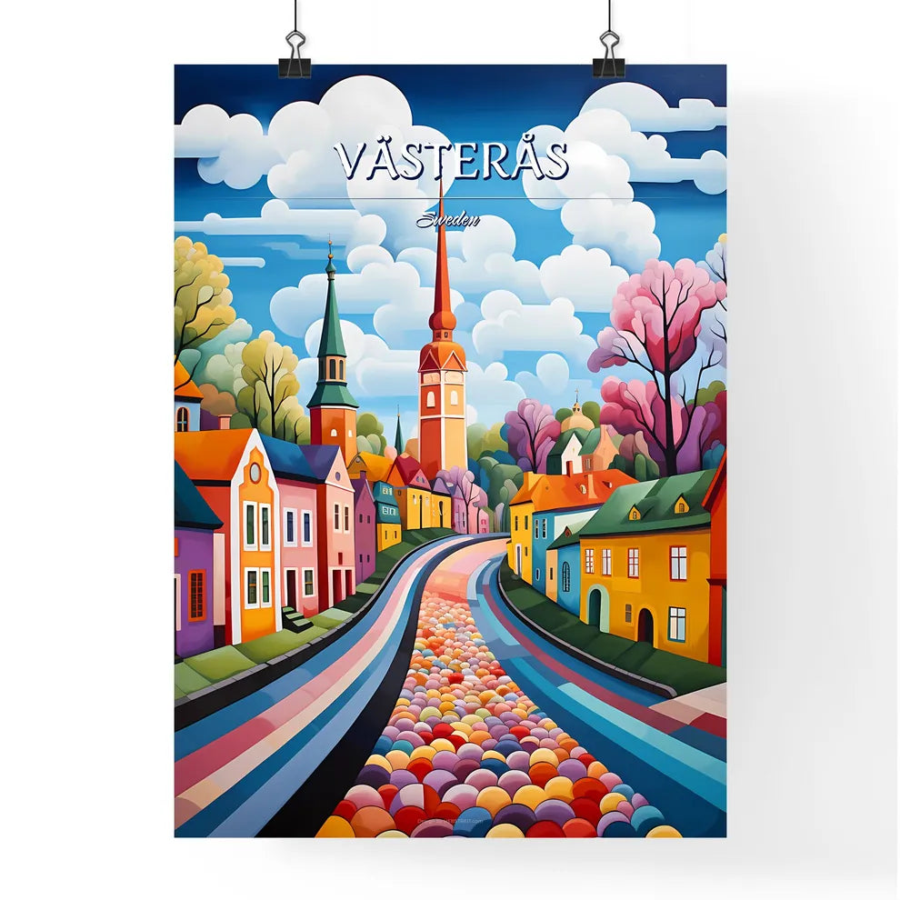 Västerås, Sweden, - Art print of a painting of a street with colorful houses and trees Poster