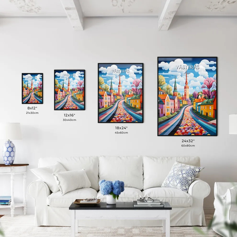 Västerås, Sweden, - Art print of a painting of a street with colorful houses and trees Size Chart
