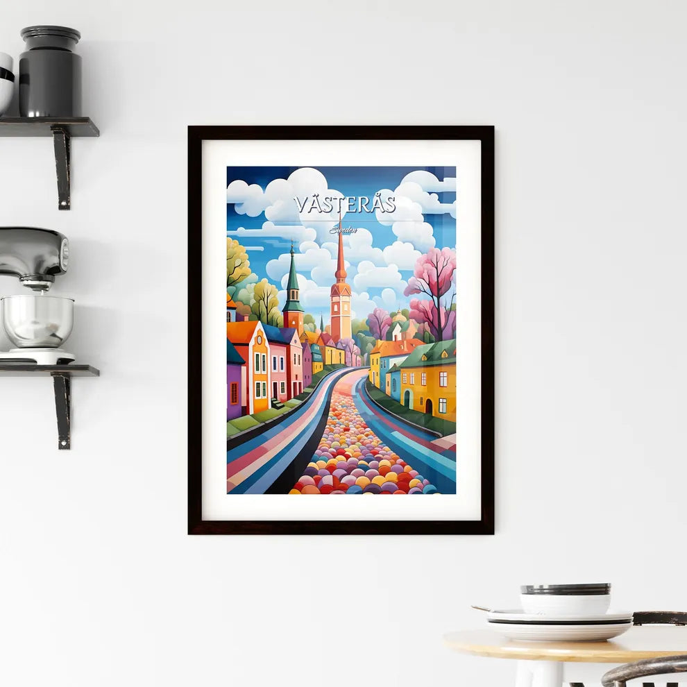 Västerås, Sweden, - Art print of a painting of a street with colorful houses and trees Custom Print