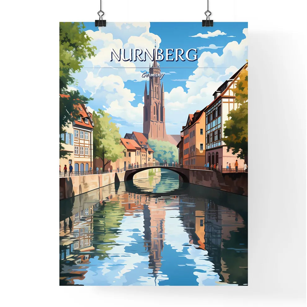 Nurnberg, Germany - Art print of a water way with a bridge and a church in the background Poster