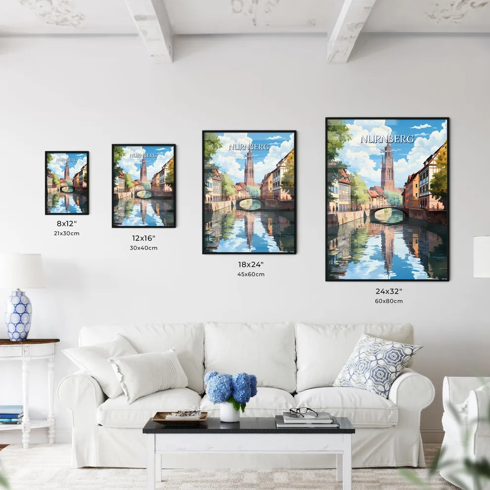 Nurnberg, Germany - Art print of a water way with a bridge and a church in the background Size Chart