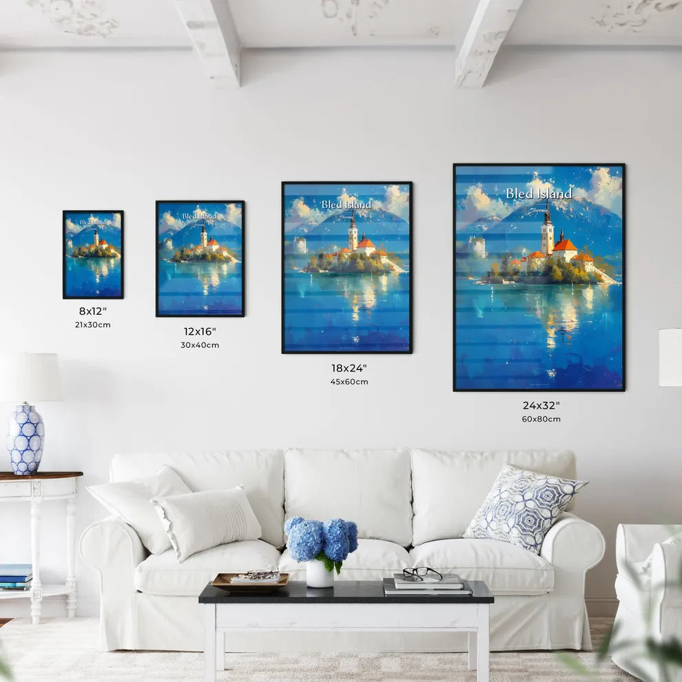 Bled Island, Slovenia - Art print of a building on an island in the water Size Chart