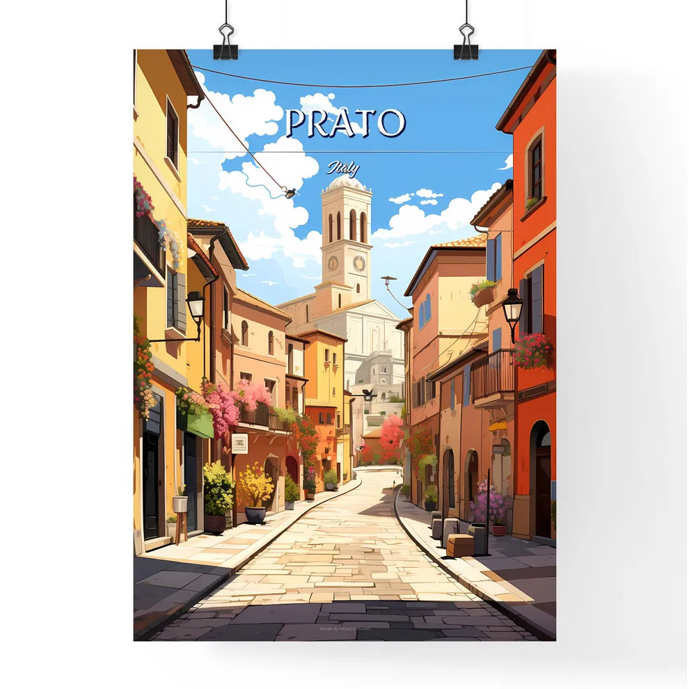 Prato, Italy - Art print of a street with buildings and a tower in the background Poster