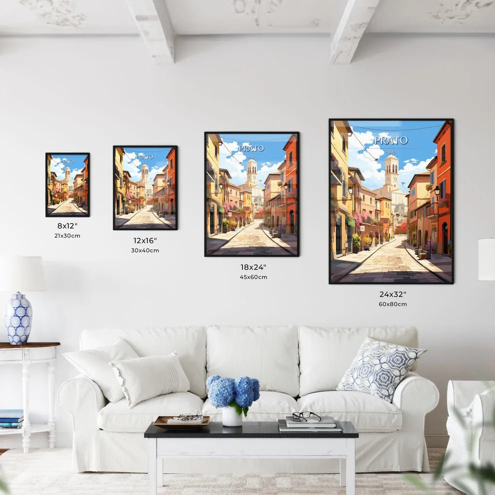 Prato, Italy - Art print of a street with buildings and a tower in the background Size Chart