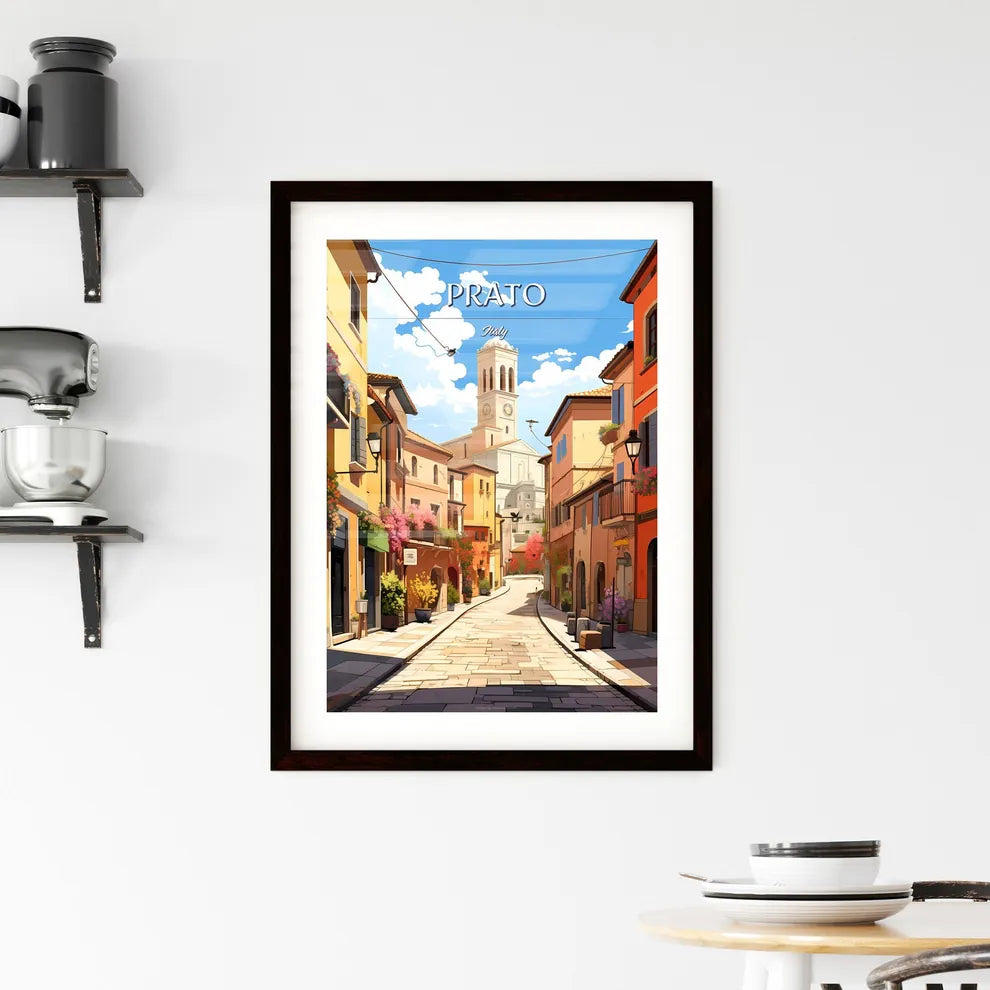 Prato, Italy - Art print of a street with buildings and a tower in the background Custom Print