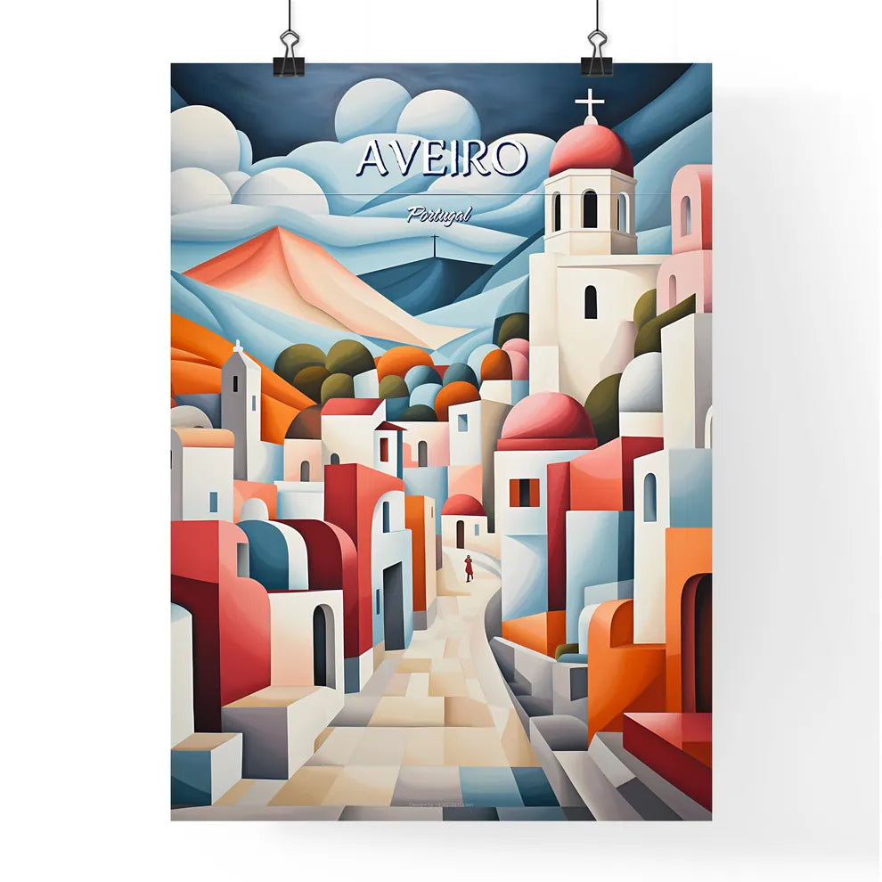 Aveiro, Portugal - Art print of a painting of a town with a person walking on a road Poster
