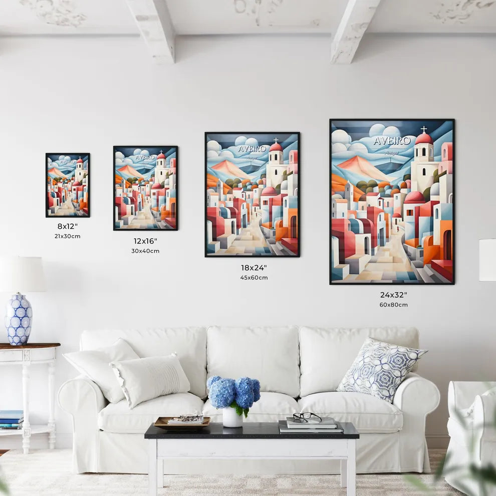 Aveiro, Portugal - Art print of a painting of a town with a person walking on a road Size Chart