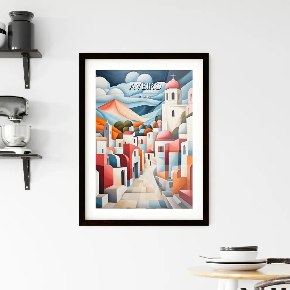 Aveiro, Portugal - Art print of a painting of a town with a person walking on a road Custom Print