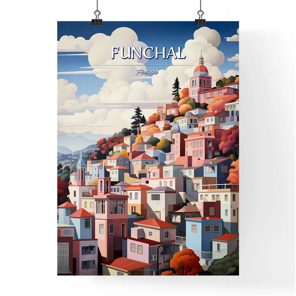 Funchal, Portugal - Art print of a colorful city on a hill Poster