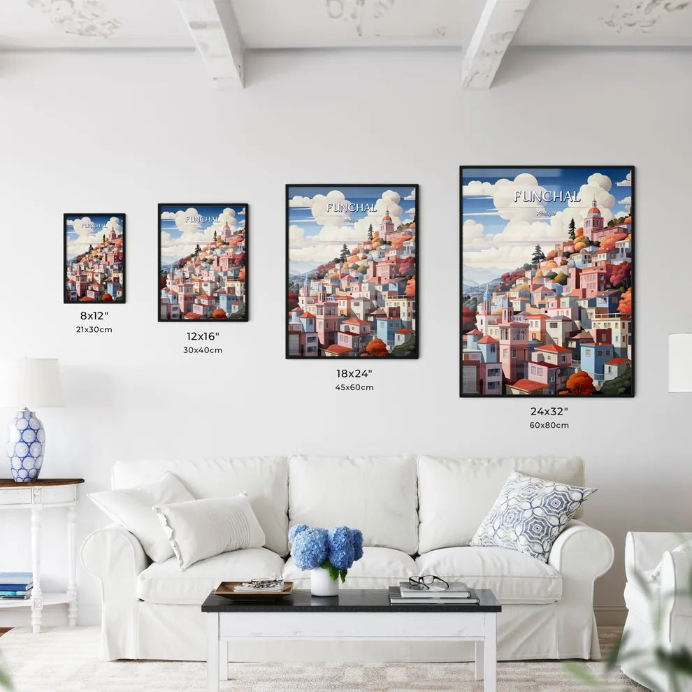 Funchal, Portugal - Art print of a colorful city on a hill Size Chart