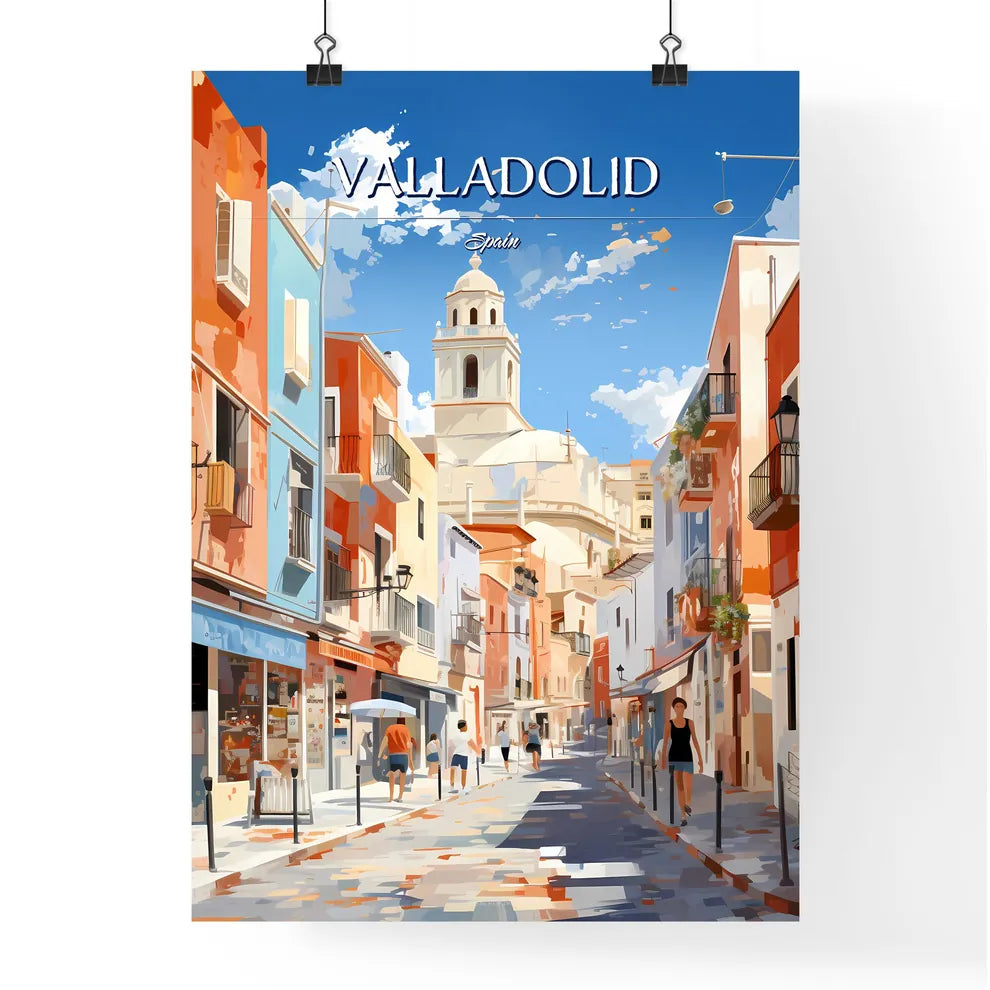Valladolid, Spain - Art print of a street with buildings and people walking Poster
