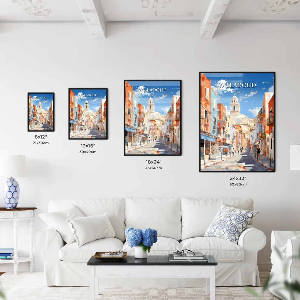 Valladolid, Spain - Art print of a street with buildings and people walking Size Chart