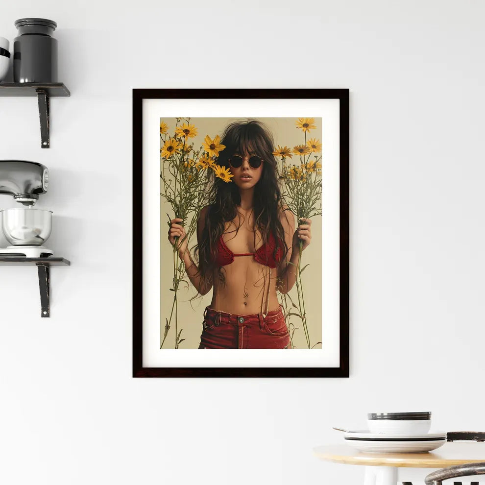 An image of a woman with flowers - Art print Framed Print