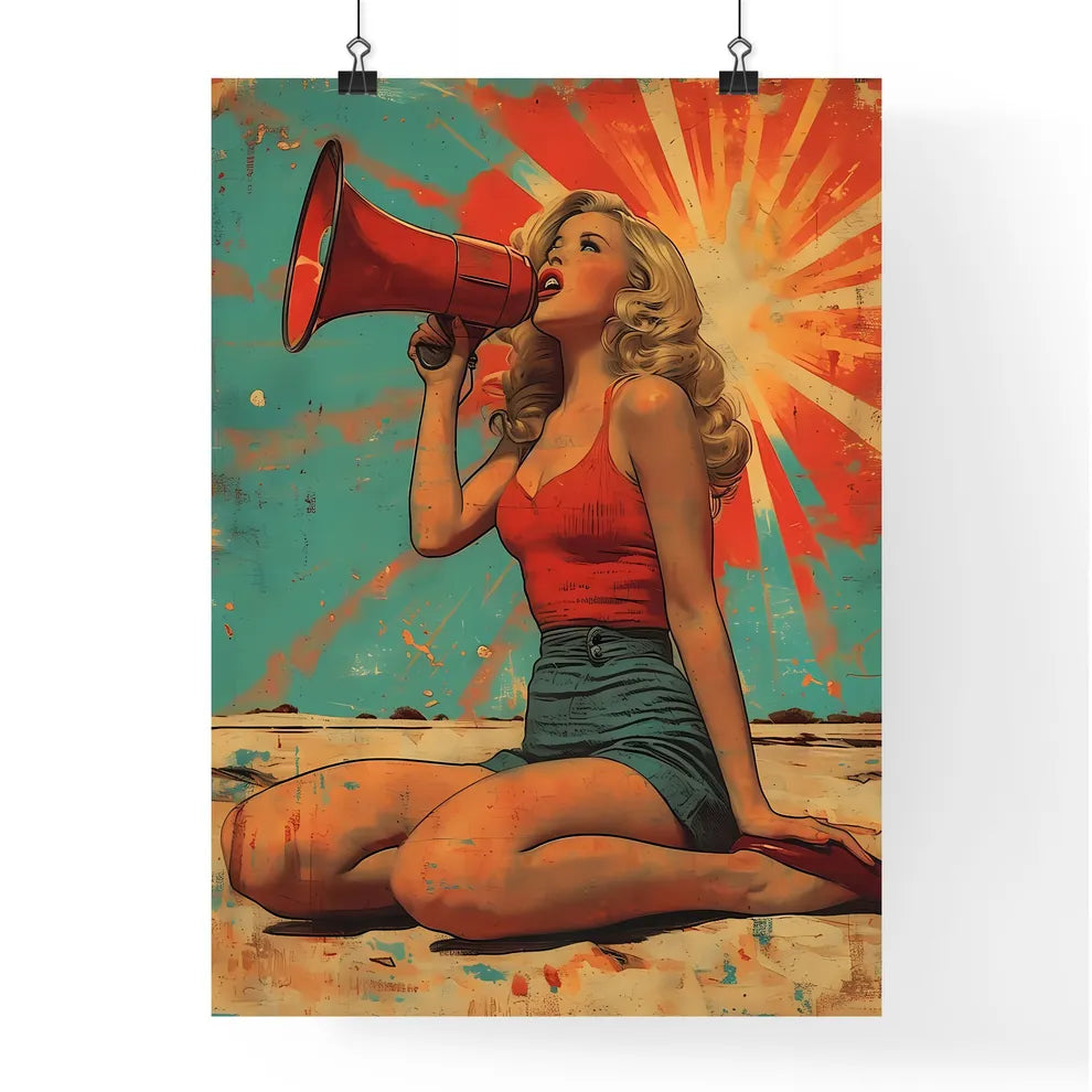 Pin up in 50's style clothes girl sitting wi Poster