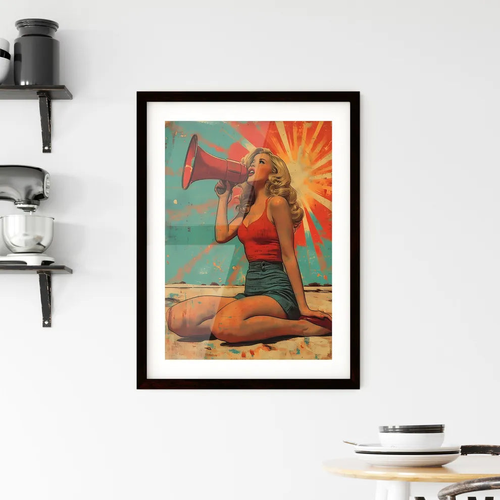 Pin up in 50's style clothes girl sitting wi Framed Print