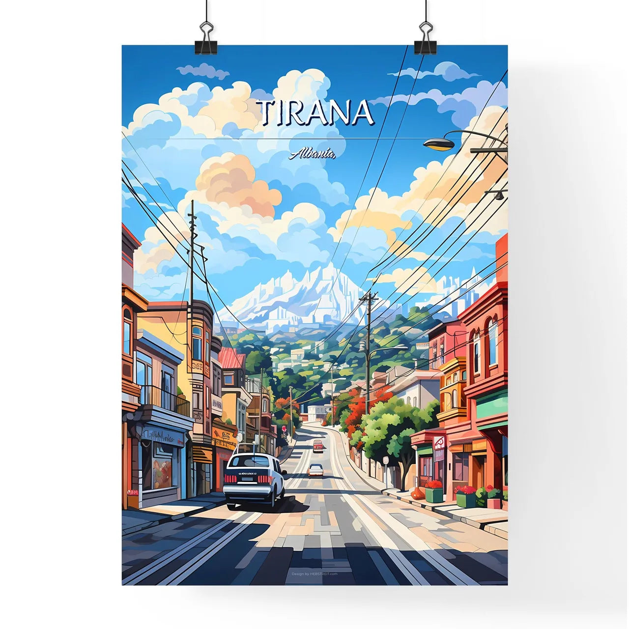Tirana, Albania, - Art print of a street with cars and buildings on the side Poster