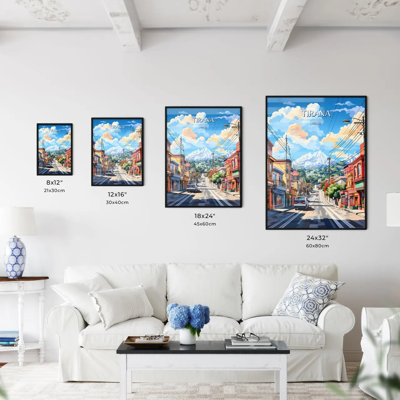 Tirana, Albania, - Art print of a street with cars and buildings on the side Size Chart