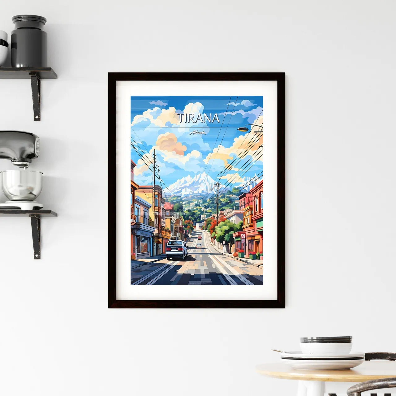 Tirana, Albania, - Art print of a street with cars and buildings on the side Custom Print
