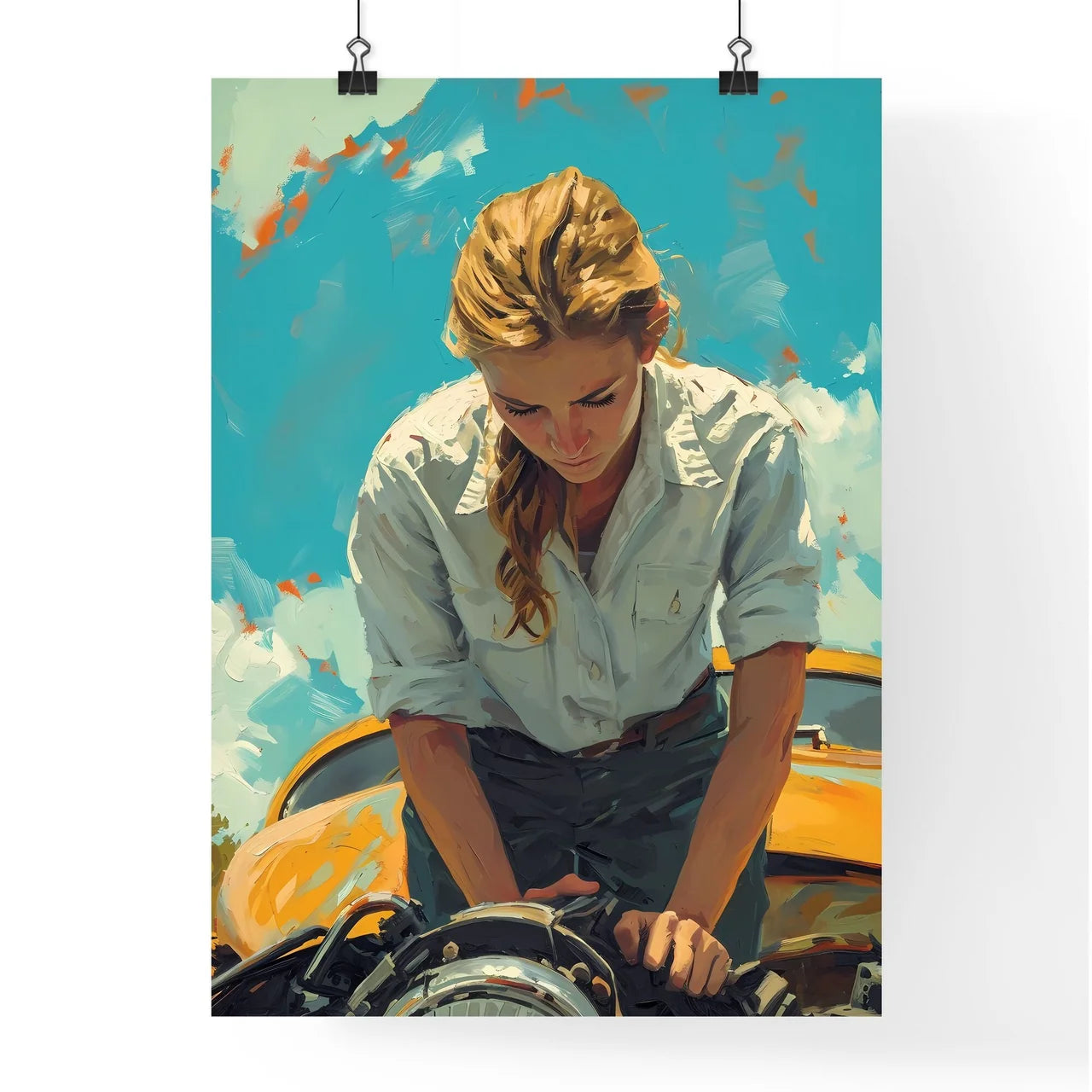 Auto mechanic - Art print of a woman standing on a yellow car Default Title