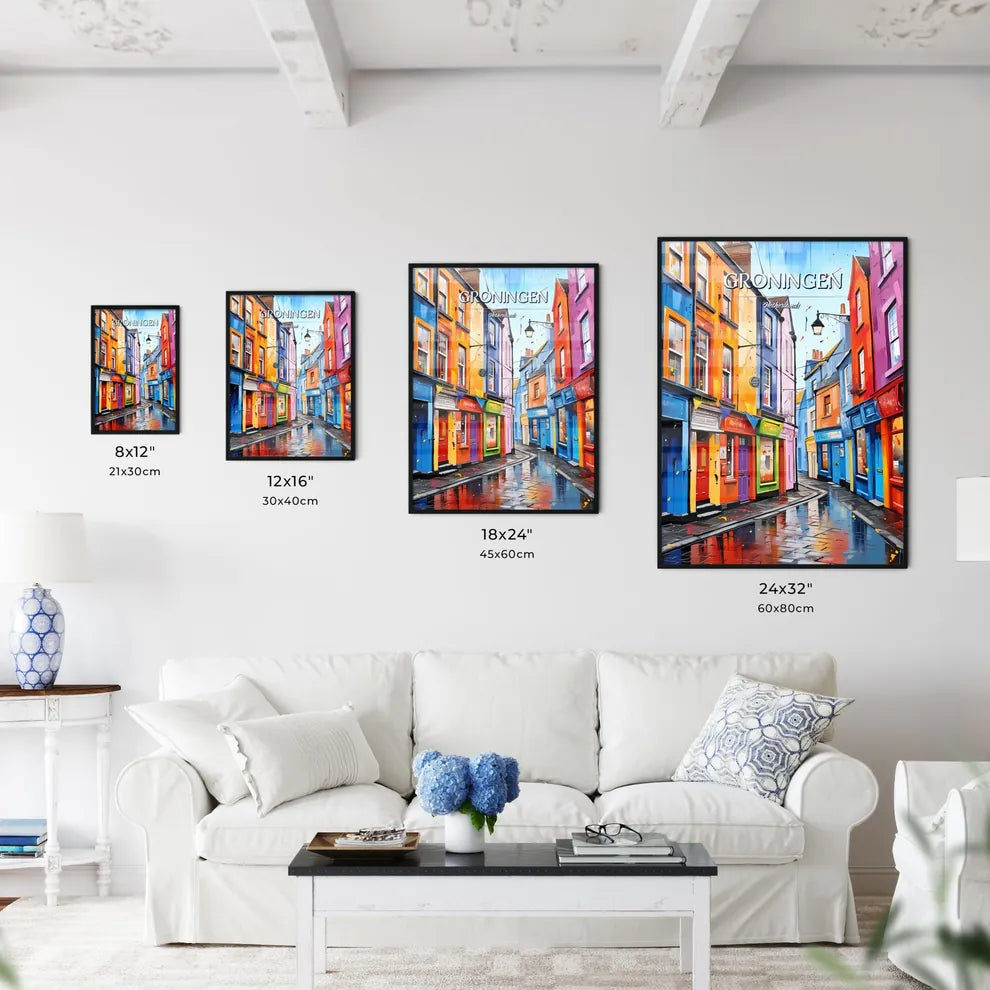 Groningen, Netherlands - Art print of a colorful buildings on a street Size Chart