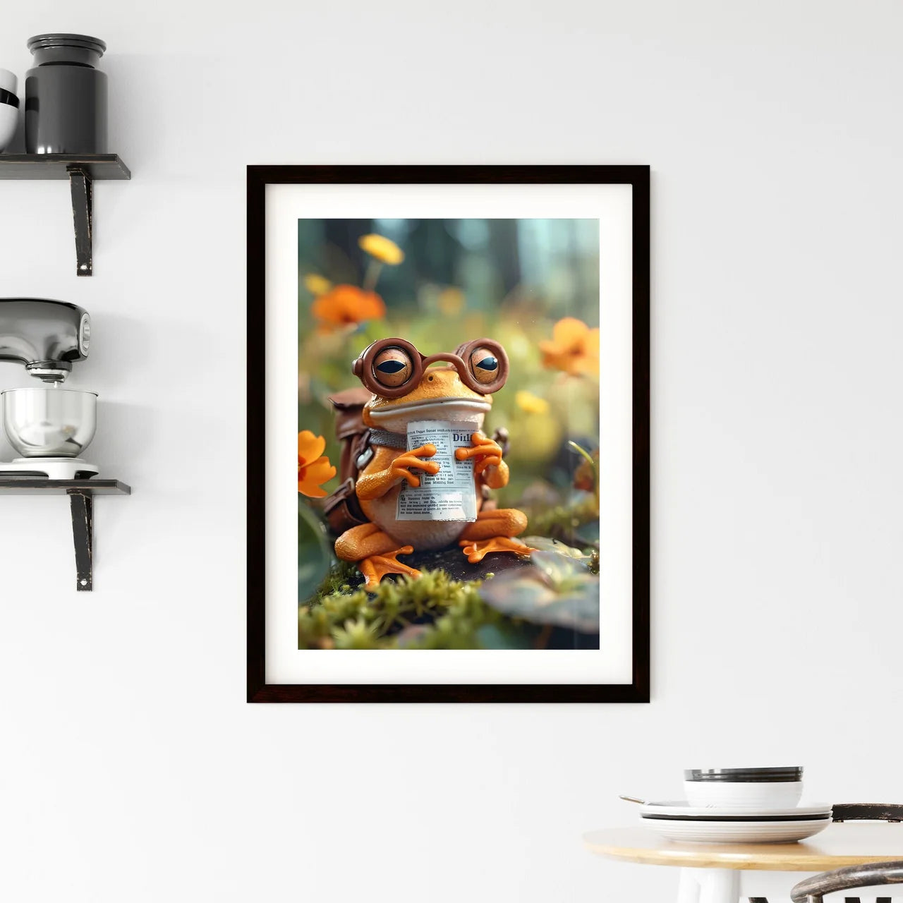 Frog sitting on a tiny toilet  Framed Print