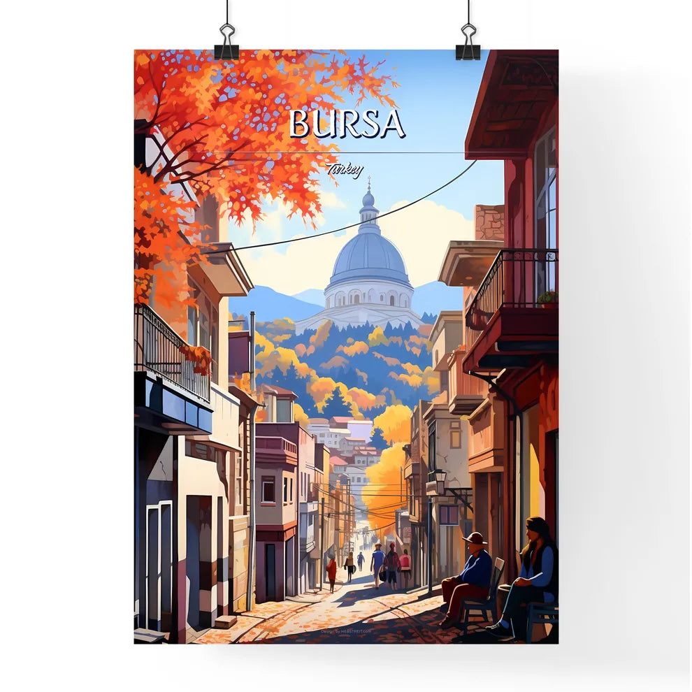 Bursa, Turkey - Art print of a street with people sitting on a bench and trees with a dome in the background Poster
