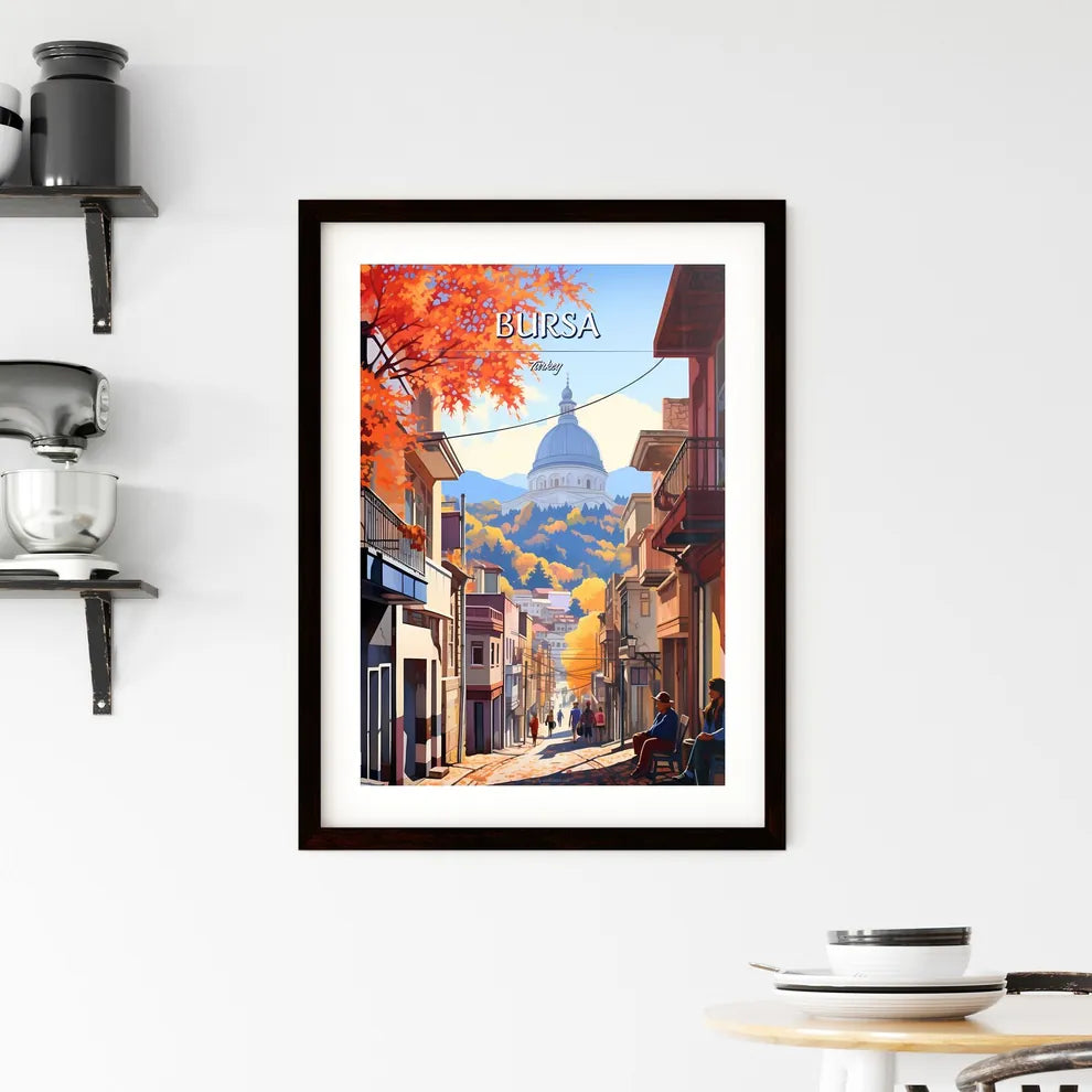 Bursa, Turkey - Art print of a street with people sitting on a bench and trees with a dome in the background Custom Print