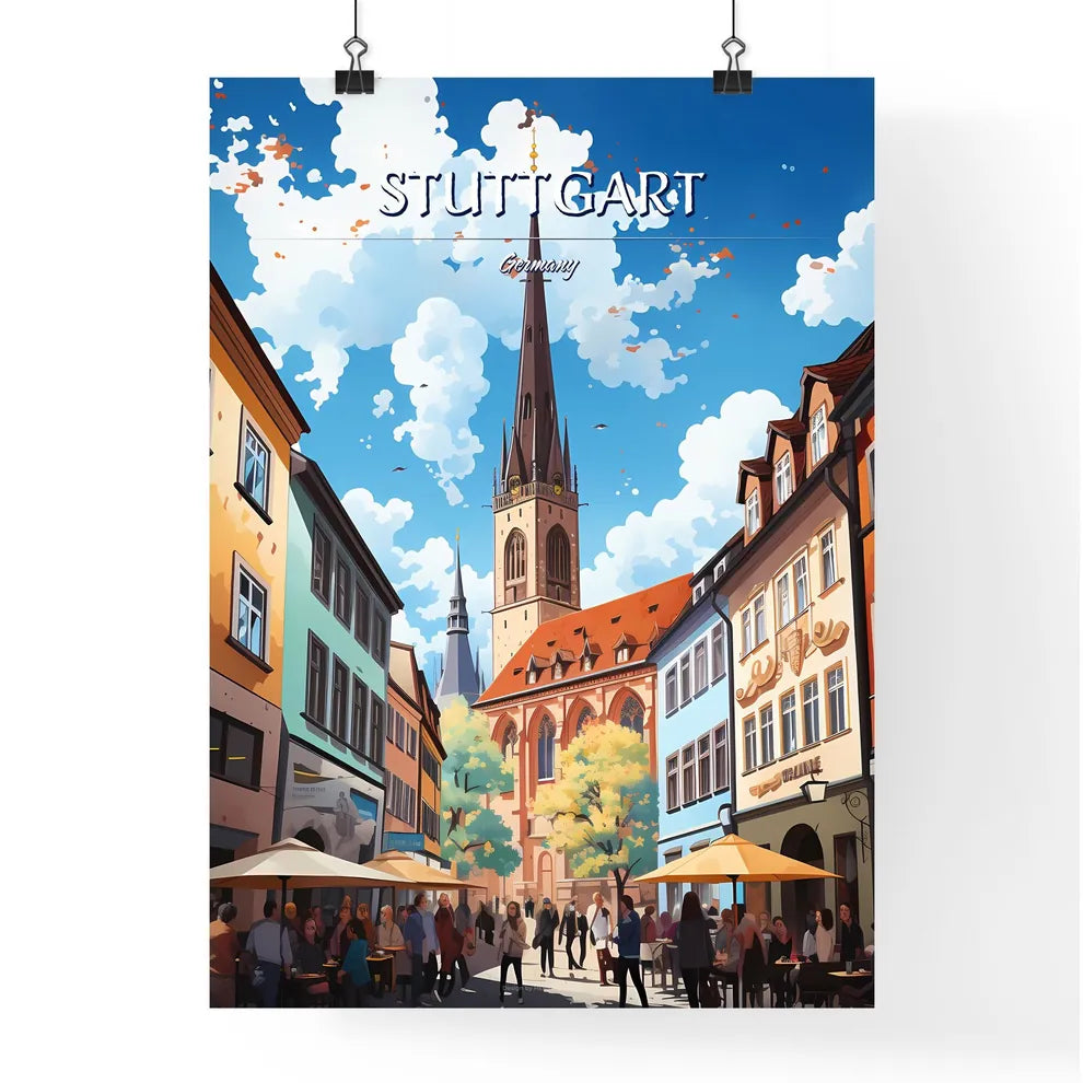 Stuttgart, Germany - Art print of a street with buildings and a tall tower Poster