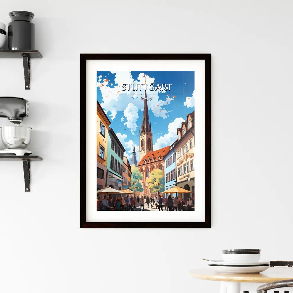 Stuttgart, Germany - Art print of a street with buildings and a tall tower Custom Print