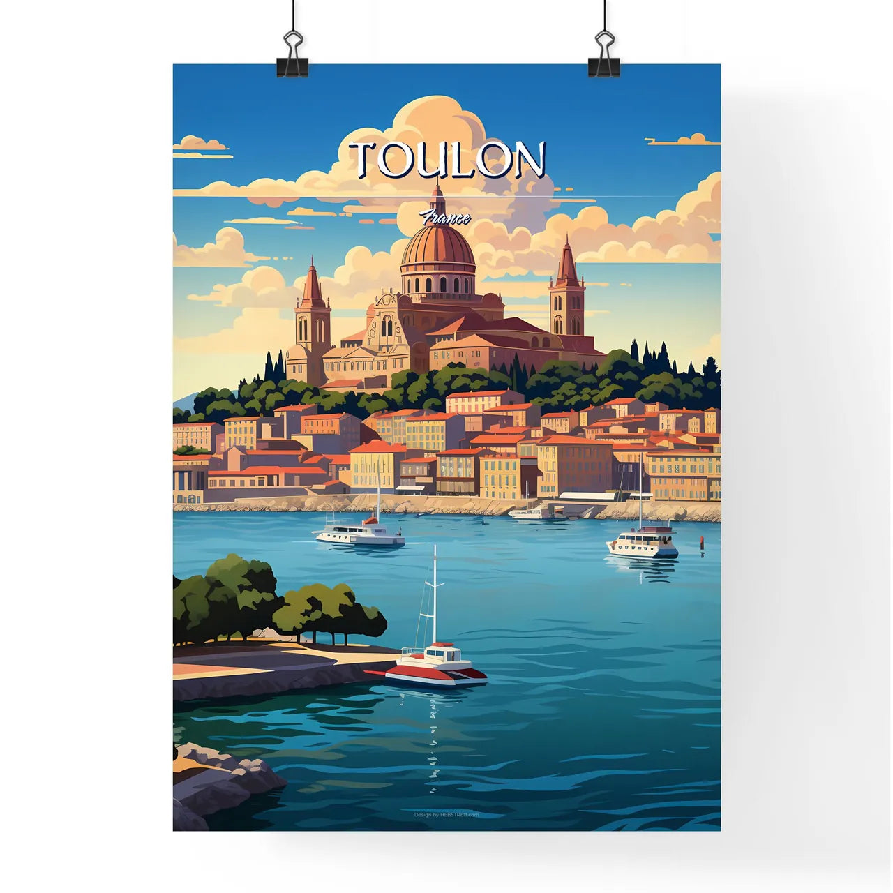 Toulon, France - Art print of a city with a dome on a hill surrounded by water Poster