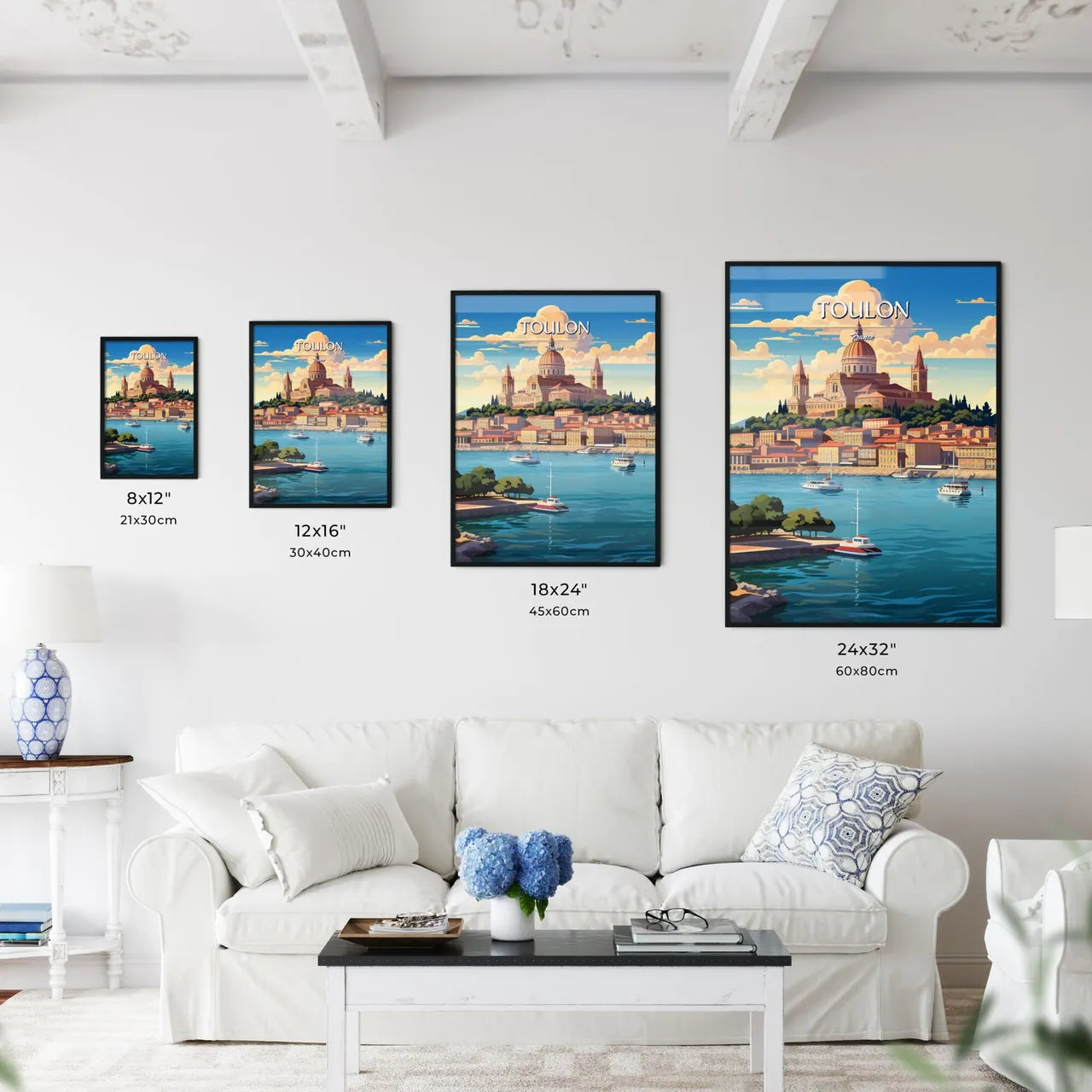 Toulon, France - Art print of a city with a dome on a hill surrounded by water Size Chart